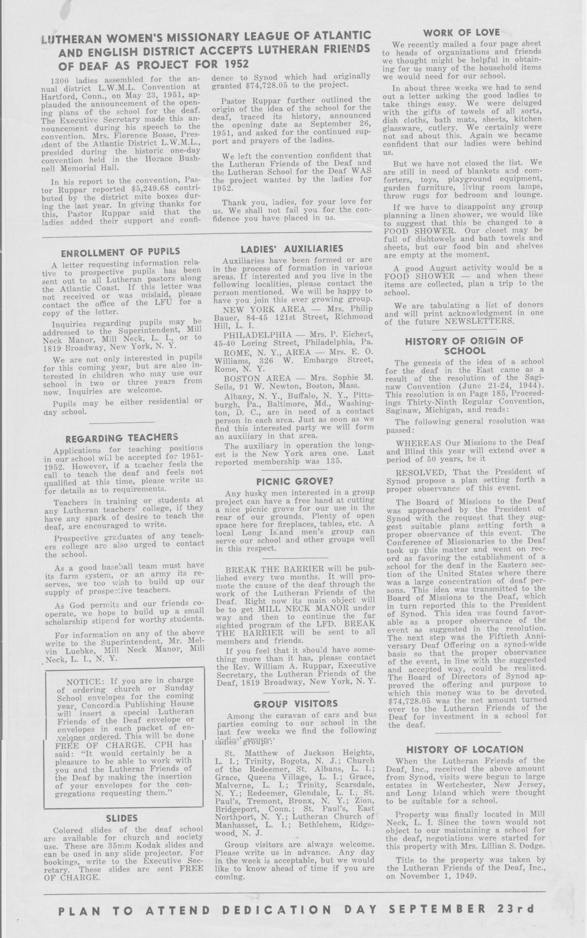 The original 1951 Lutheran Friends of the Deaf newsletter announcing the dedication of Mill Neck Manor